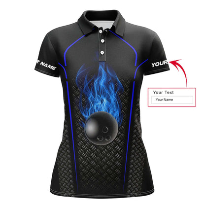 Bowling Custom Women Polo Shirt - Custom Name Polo Shirt, Blue Flame Bowling Ball Personalized Bowling Polo Shirt - Gift For Friend, Family, Bowling Lovers - Amzanimalsgift