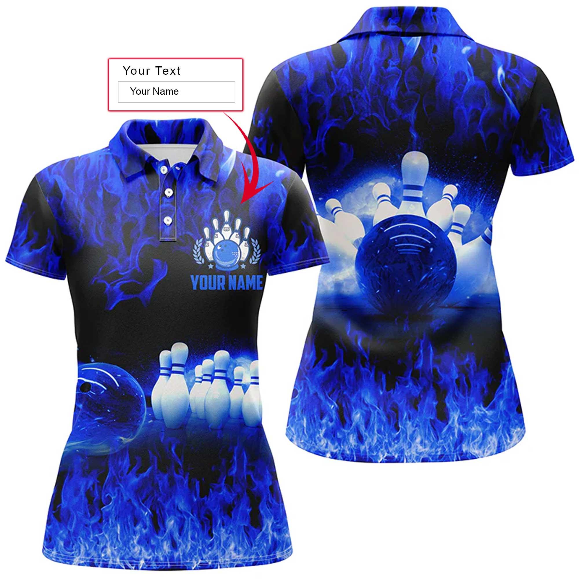 Bowling Custom Women Polo Shirt - Custom Name Polo Shirt, Blue Flame Personalized Bowling Polo Shirt - Gift For Friend, Family, Bowling Lovers - Amzanimalsgift