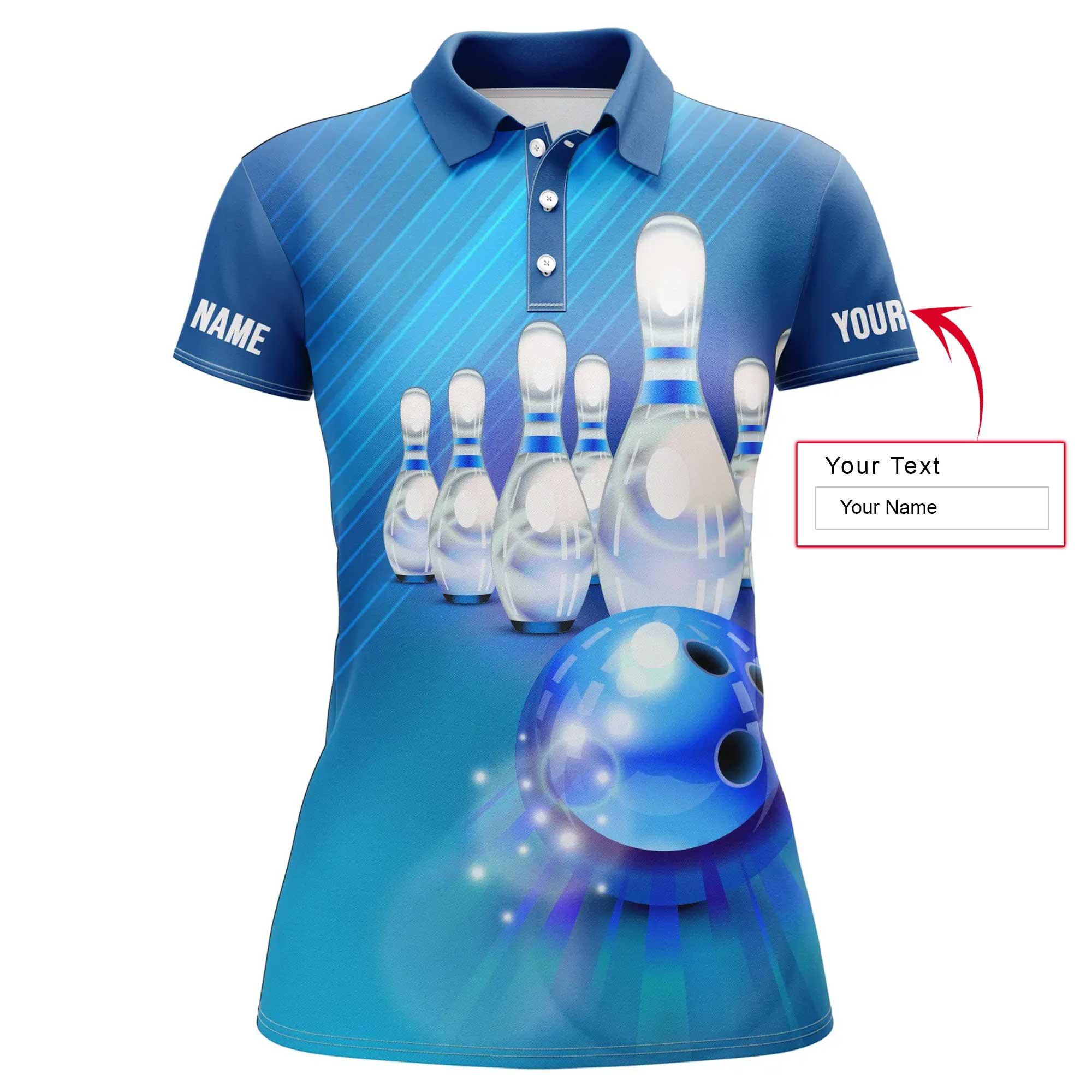 Bowling Custom Women Polo Shirt - Custom Name Polo Shirt, Blue White Pins Personalized Bowling Polo Shirt - Gift For Friend, Family, Bowling Lovers - Amzanimalsgift