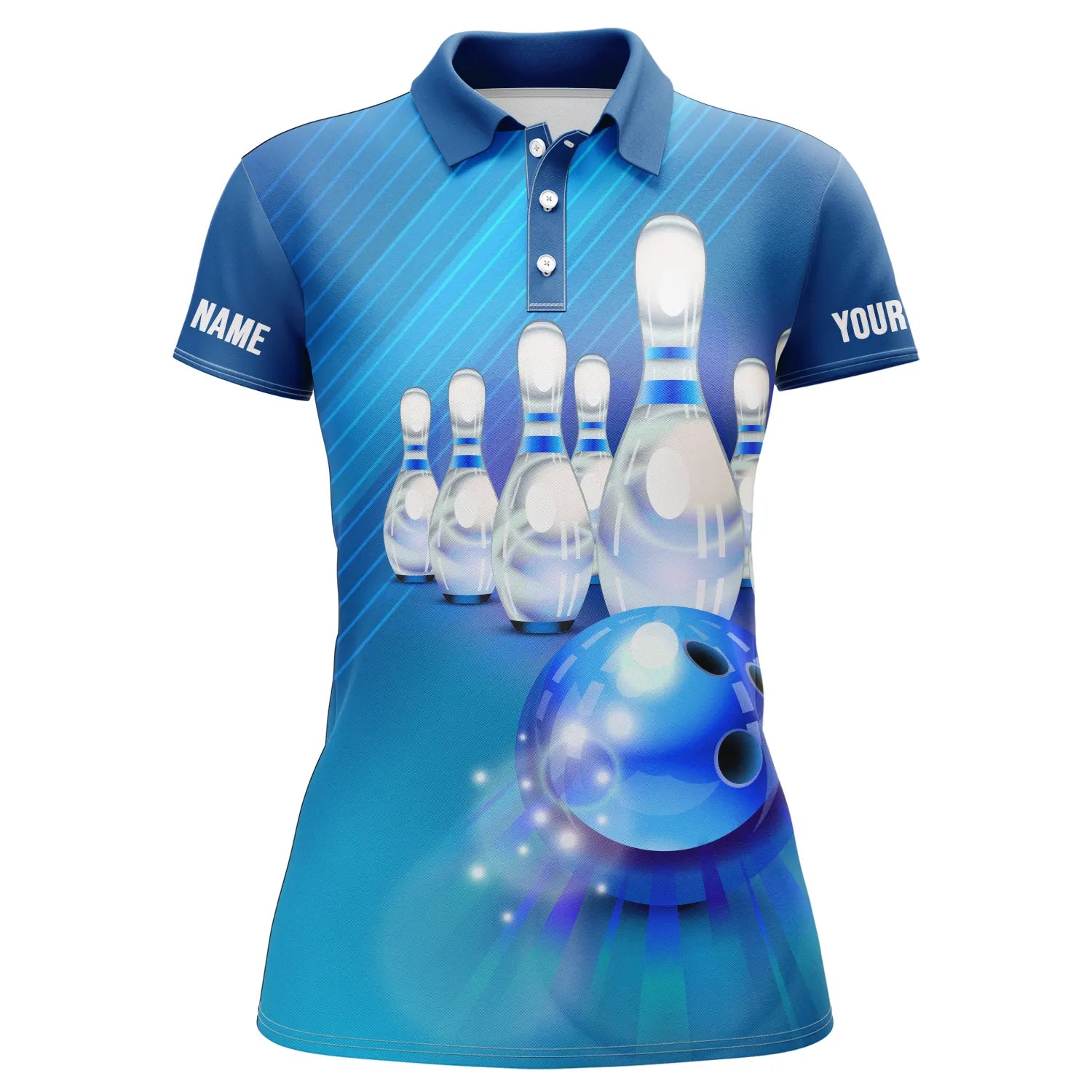 Bowling Custom Women Polo Shirt - Custom Name Polo Shirt, Blue White Pins Personalized Bowling Polo Shirt - Gift For Friend, Family, Bowling Lovers - Amzanimalsgift