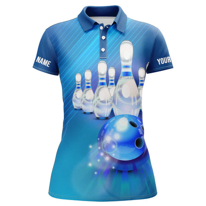 Bowling Custom Women Polo Shirt - Custom Name Polo Shirt, Blue White Pins Personalized Bowling Polo Shirt - Gift For Friend, Family, Bowling Lovers - Amzanimalsgift