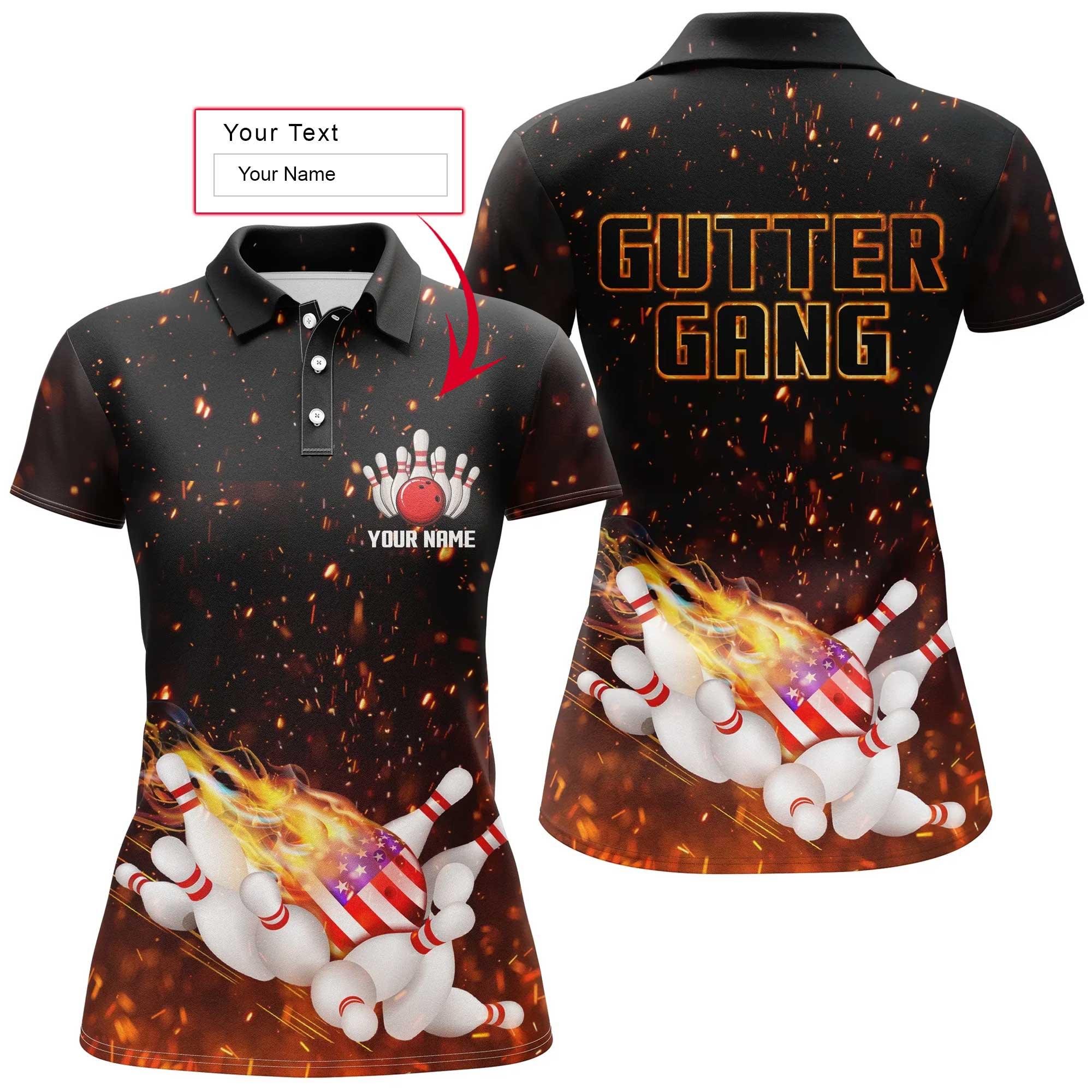 Bowling Custom Women Polo Shirt - Custom Name Polo Shirt, Flame American Flag, Gutter Gang Personalized Bowling Polo Shirt - Gift For Friend, Family, Bowling Lovers - Amzanimalsgift
