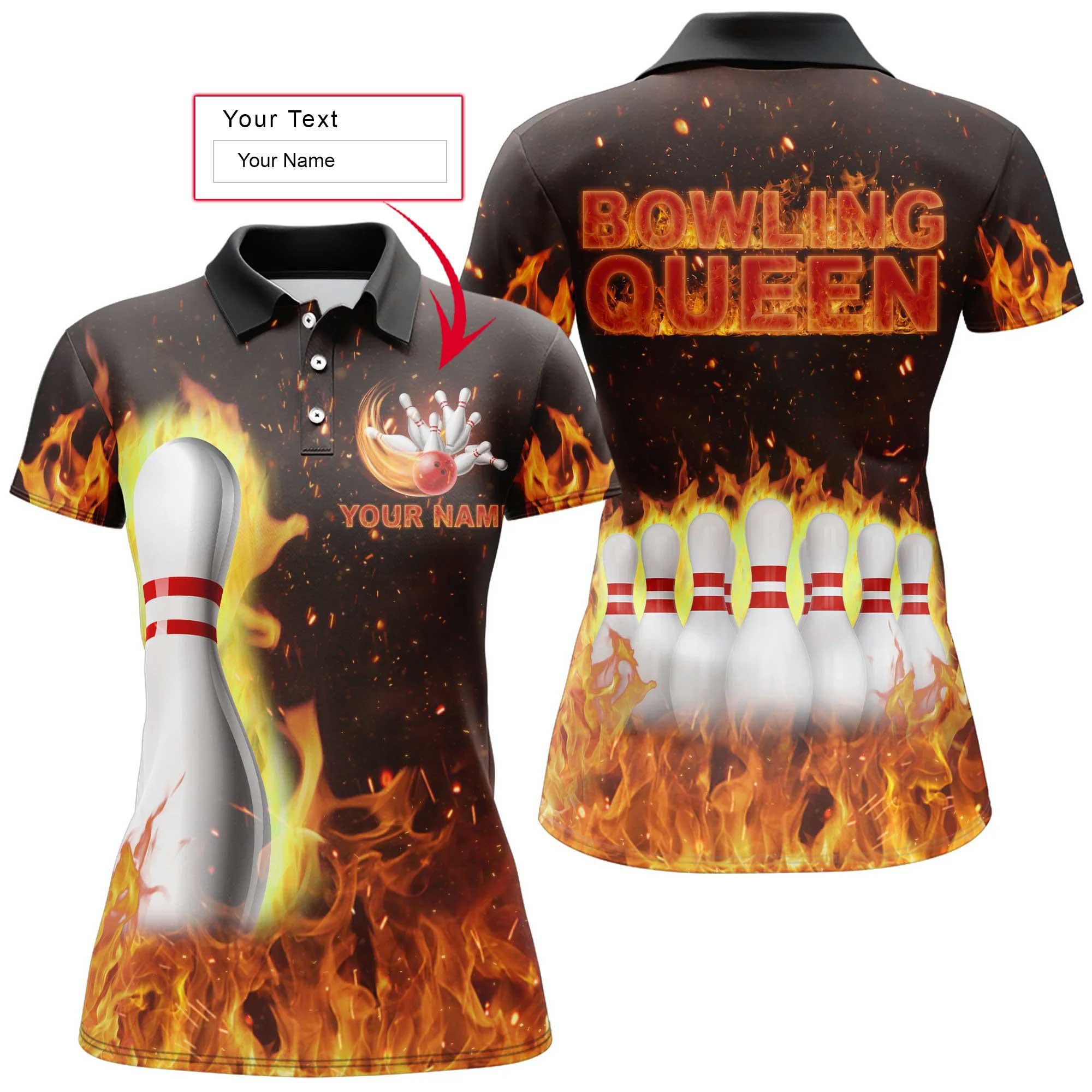 Bowling Custom Women Polo Shirt - Custom Name Polo Shirt, Flames Bowling Queen Personalized Bowling Polo Shirt - Gift For Friend, Family, Bowling Lovers - Amzanimalsgift