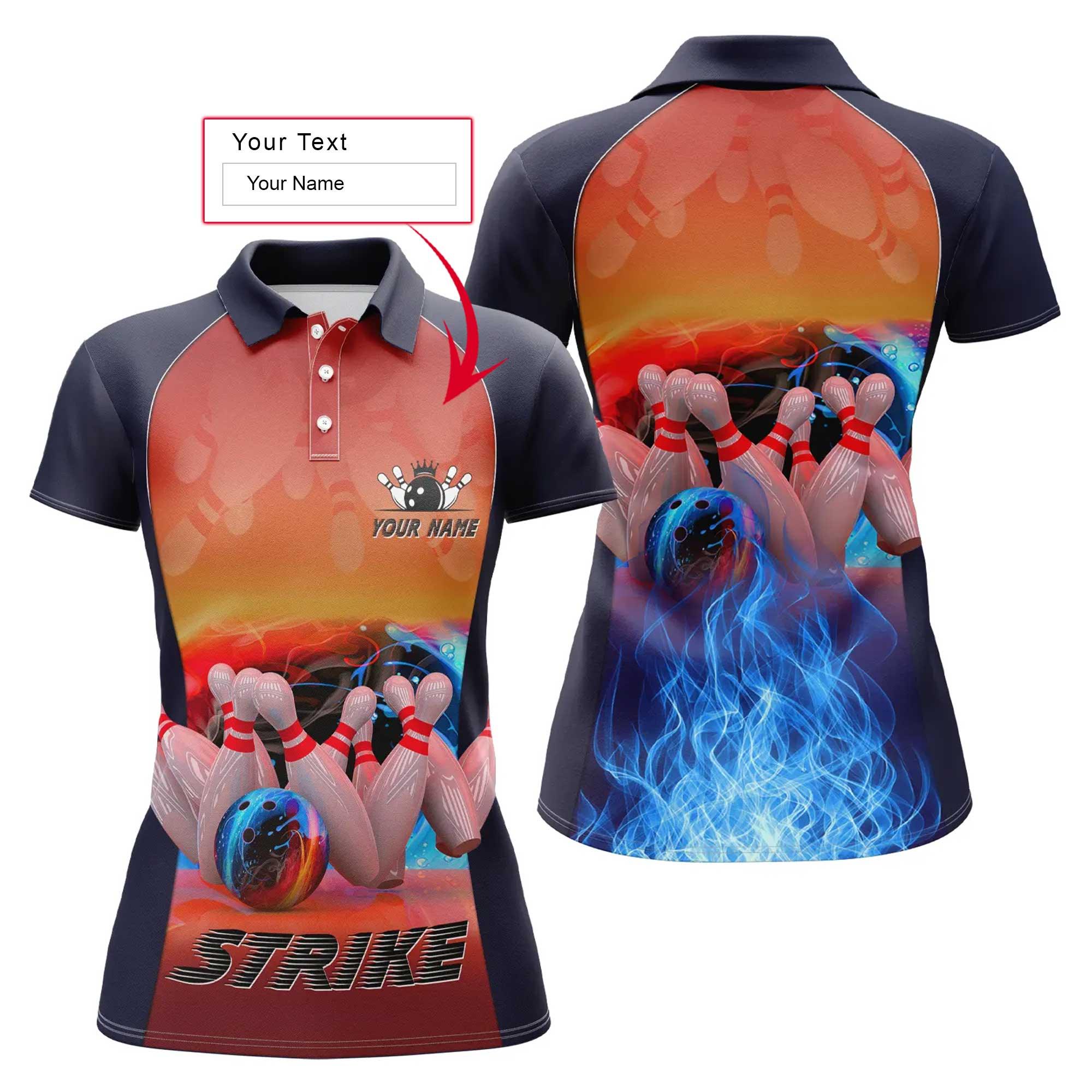 Bowling Custom Women Polo Shirt - Custom Name Polo Shirt, Strike Ball And Pins Blue Fire Personalized Bowling Polo Shirt - Gift For Friend, Family, Bowling Lovers - Amzanimalsgift