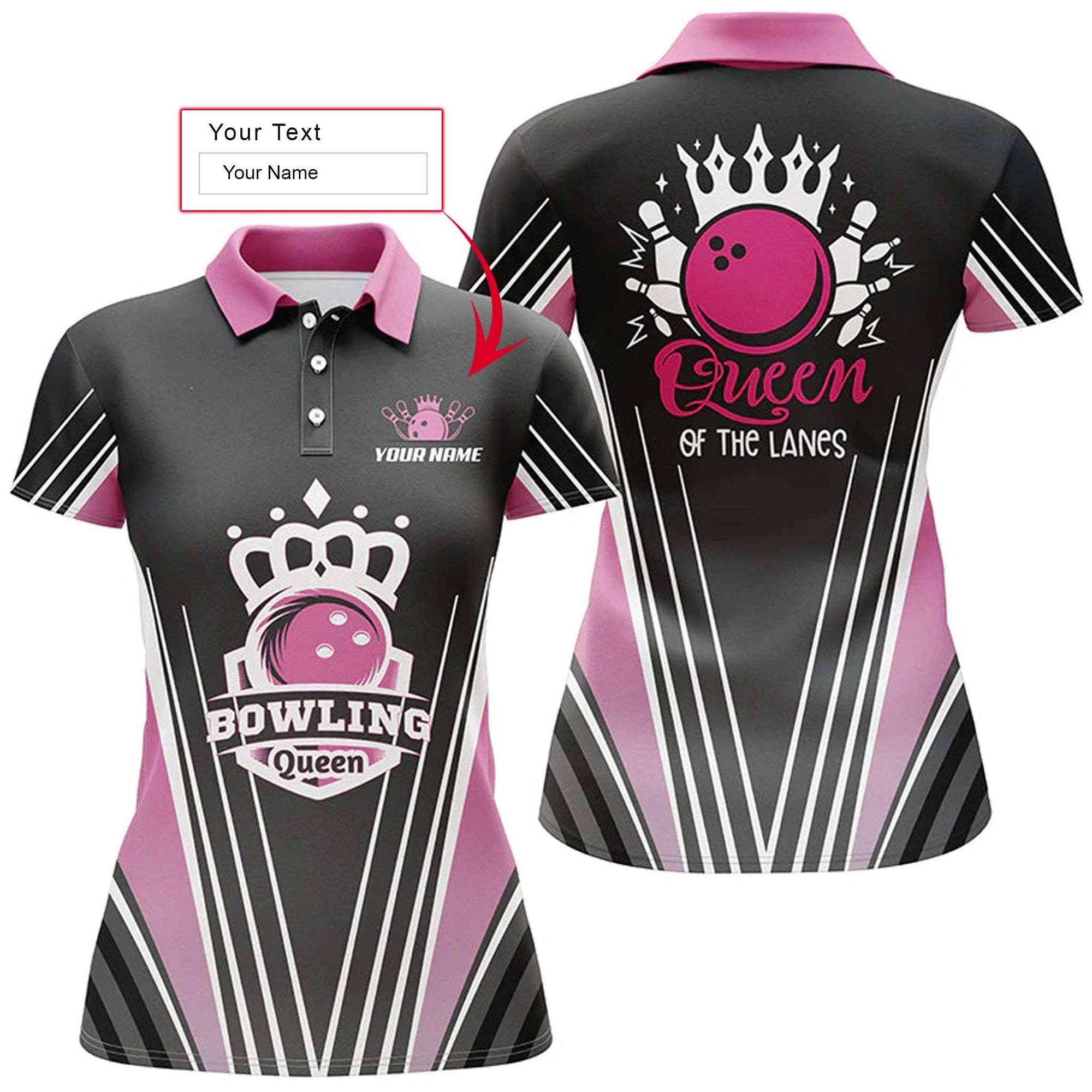 Bowling Custom Women Polo Shirt - Custom Name Queen Of The Lanes, Pink Bowling Personalized Bowling Polo Shirt - Gift For Friend, Family, Bowling Lovers - Amzanimalsgift