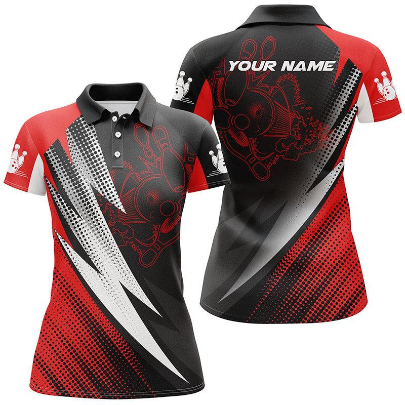 Bowling Custom Women Polo Shirt - Custom Name Red And Black Bowling Balls And Pins Personalized Bowling Polo Shirt - Gift For Friend, Family, Bowling Lovers - Amzanimalsgift