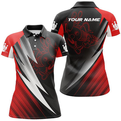 Bowling Custom Women Polo Shirt - Custom Name Red And Black Bowling Balls And Pins Personalized Bowling Polo Shirt - Gift For Friend, Family, Bowling Lovers - Amzanimalsgift