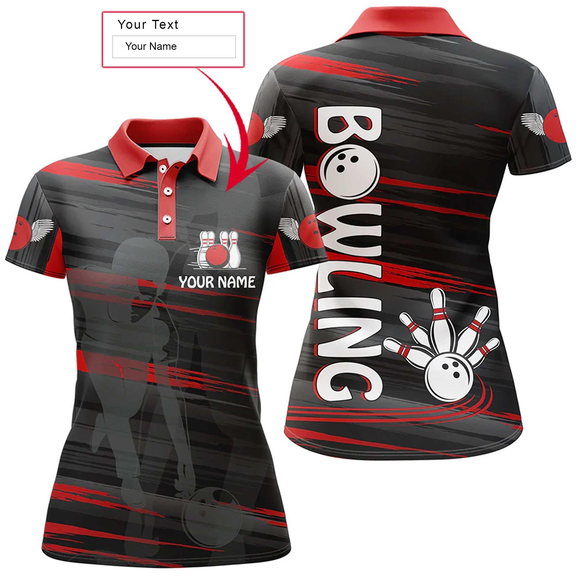Bowling Custom Women Polo Shirt - Custom Name Red And Black Bowling Personalized Bowling Polo Shirt - Gift For Friend, Family, Bowling Lovers - Amzanimalsgift