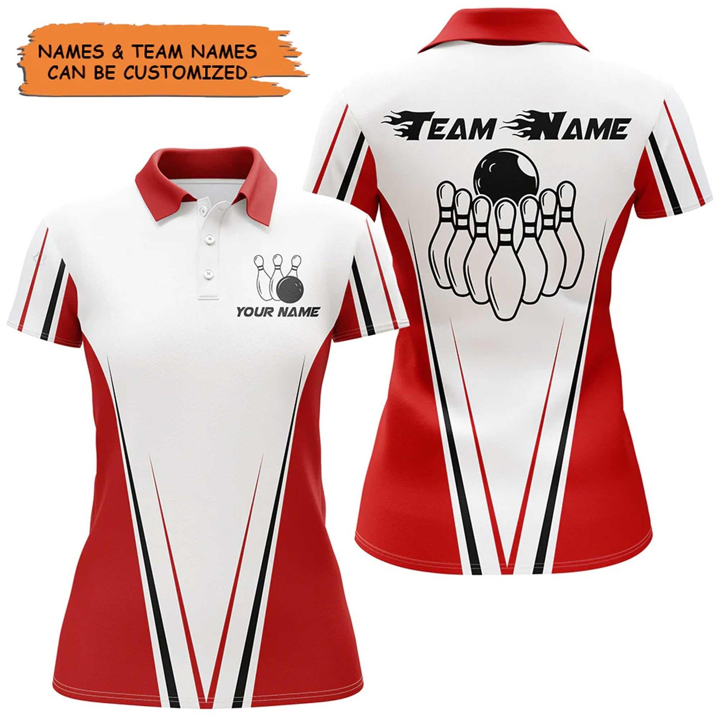 Bowling Custom Women Polo Shirt - Custom Name Red And White Bowling Personalized Bowling Polo Shirt - Gift For Friend, Family, Bowling Lovers - Amzanimalsgift