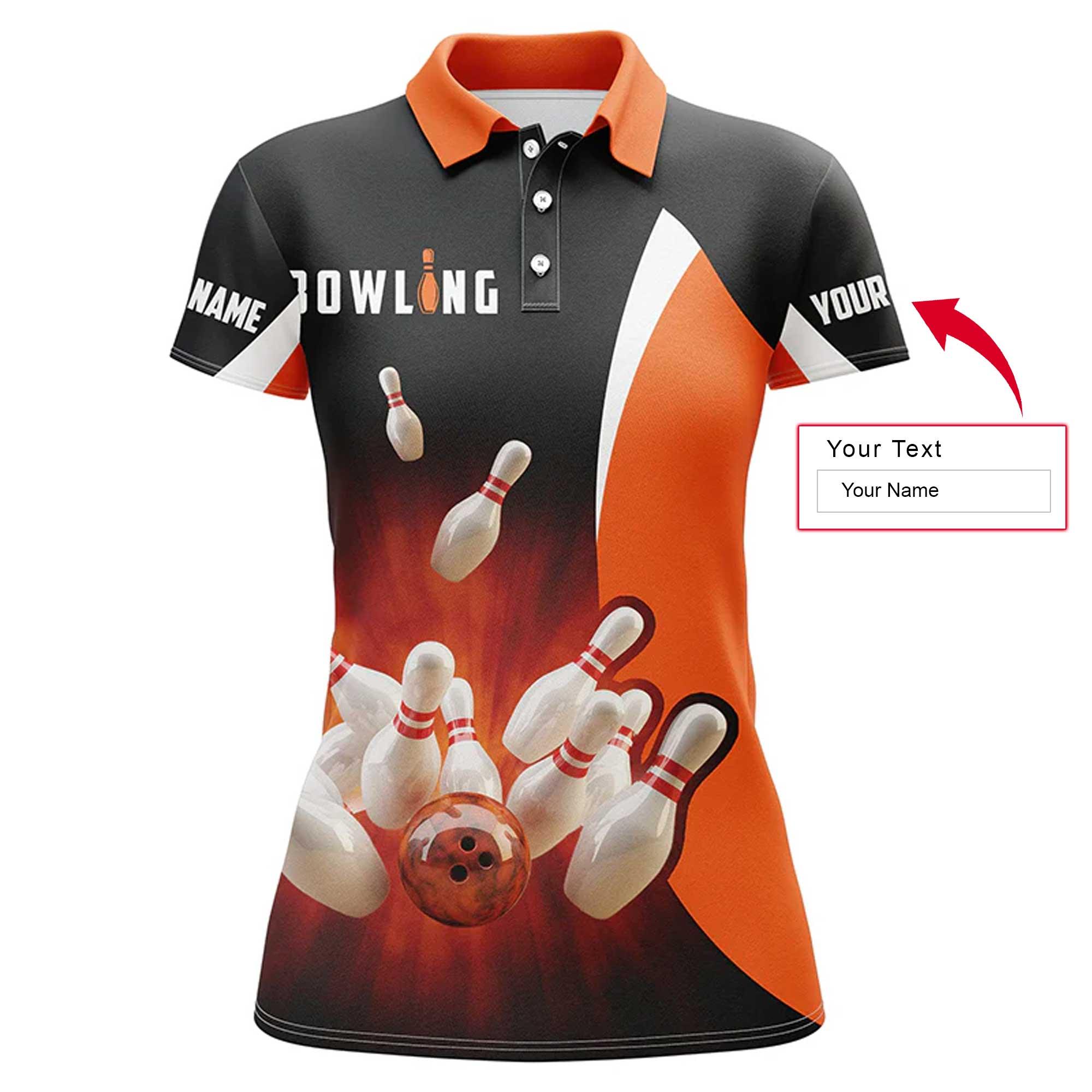 Bowling Custom Women Polo Shirt - Custom Name Retro Black Orange Bowling Personalized Bowling Polo Shirt - Gift For Friend, Family, Bowling Lovers - Amzanimalsgift