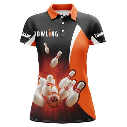 Bowling Custom Women Polo Shirt - Custom Name Retro Black Orange Bowling Personalized Bowling Polo Shirt - Gift For Friend, Family, Bowling Lovers - Amzanimalsgift