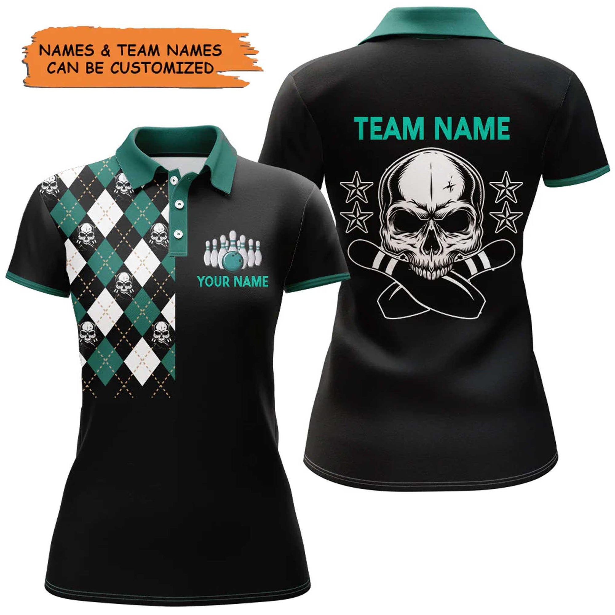 Bowling Custom Women Polo Shirt - Custom Name Skull Black Bowling Personalized Bowling Polo Shirt - Gift For Friend, Family, Bowling Lovers - Amzanimalsgift