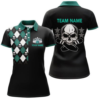 Bowling Custom Women Polo Shirt - Custom Name Skull Black Bowling Personalized Bowling Polo Shirt - Gift For Friend, Family, Bowling Lovers - Amzanimalsgift