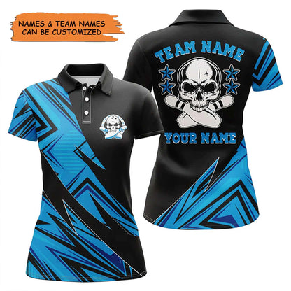 Bowling Custom Women Polo Shirt - Custom Name Skull Bowling Personalized Bowling Polo Shirt - Gift For Friend, Family, Bowling Lovers - Amzanimalsgift