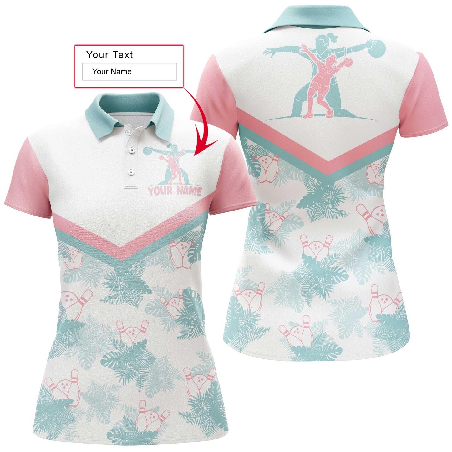 Bowling Custom Women Polo Shirt - Custom Name Tropical Pattern Bowling Personalized Bowling Polo Shirt - Gift For Friend, Family, Bowling Lovers - Amzanimalsgift