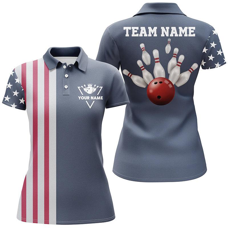 Bowling Custom Women Polo Shirt - Custom Name Vintage American Flag Patriotic Personalized Bowling Polo Shirt - Gift For Friend, Family, Bowling Lovers - Amzanimalsgift