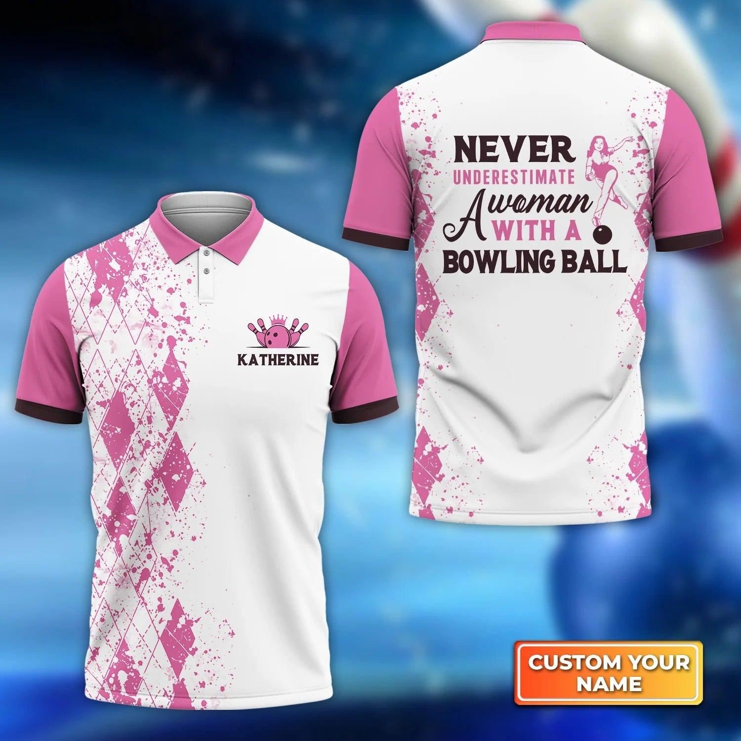 Bowling Custom Women Polo Shirt - Never Underestimate a Woman with a Bowling Ball Pink Personalized Bowling Polo Shirt - Gift For Family, Bowling Lovers - Amzanimalsgift