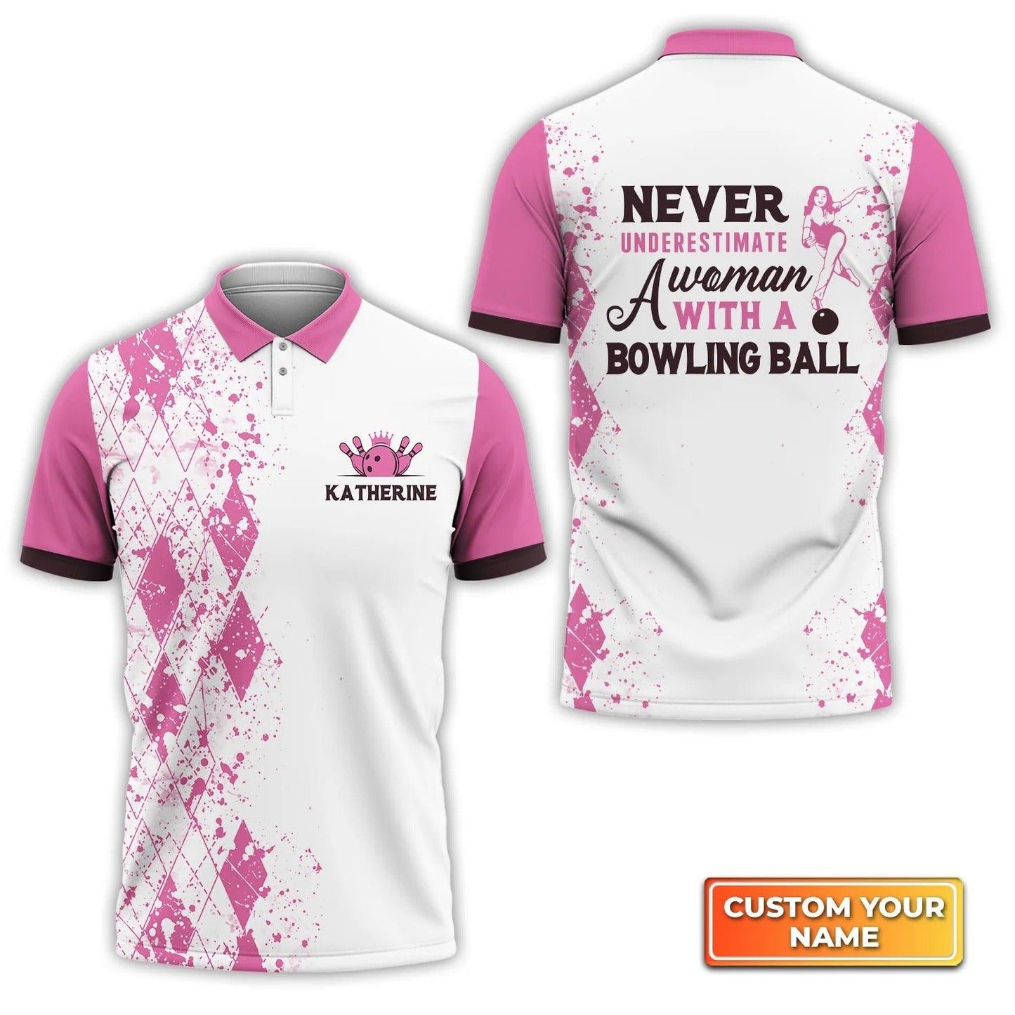 Bowling Custom Women Polo Shirt - Never Underestimate a Woman with a Bowling Ball Pink Personalized Bowling Polo Shirt - Gift For Family, Bowling Lovers - Amzanimalsgift