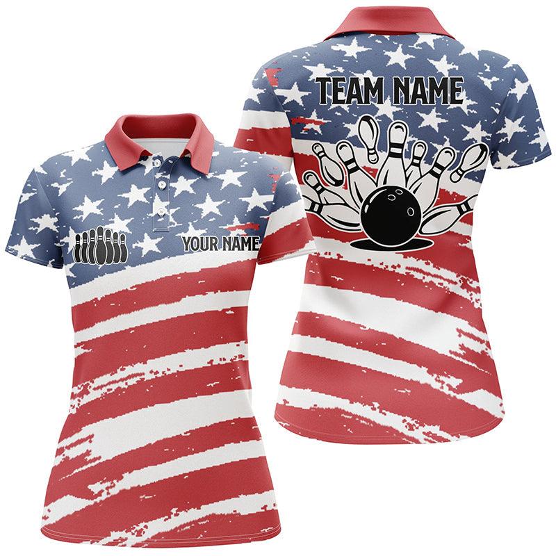 Bowling Custom Women Polo Shirt - Personalized American Flag Patriotic Black Bowling Pins For Female - Gift For Friend, Family, Bowling Lovers - Amzanimalsgift