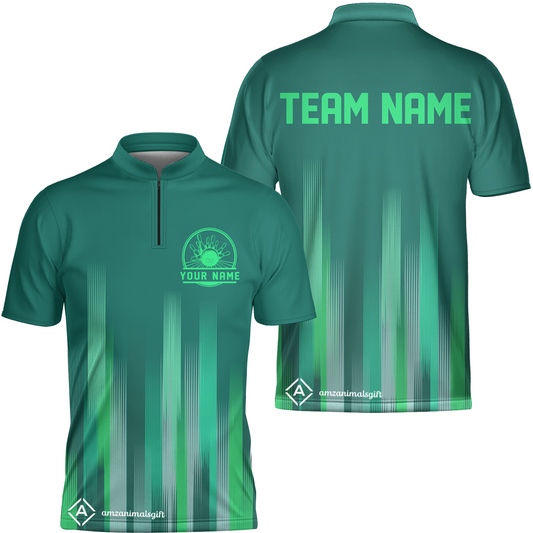 Bowling Customized Green Jersey Shirt, Green Stripes Lights Quarter Zip Bowling Shirt For Bowlers, Bowling Team