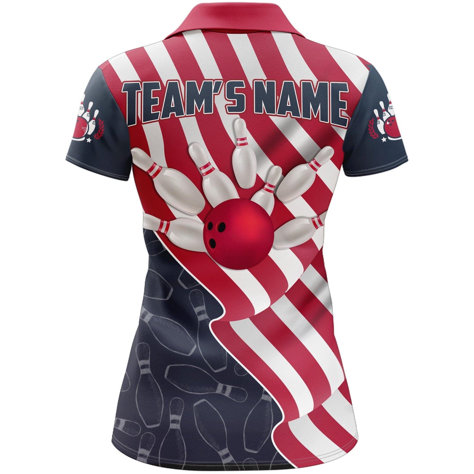 Bowling Customized Name & Team Women Polo Shirt - American Flag Patriotic Personalized Bowling Polo Shirt - Gift For Friend, Family, Bowling Lovers - Amzanimalsgift