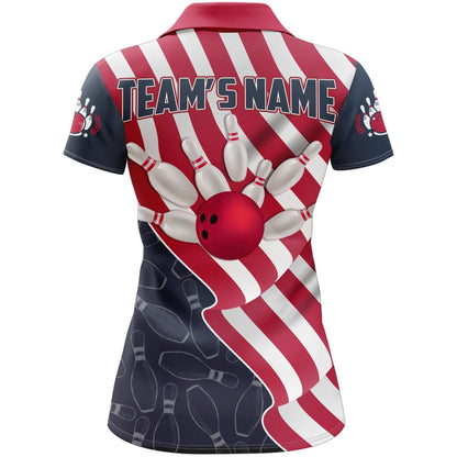 Bowling Customized Name & Team Women Polo Shirt - American Flag Patriotic Personalized Bowling Polo Shirt - Gift For Friend, Family, Bowling Lovers - Amzanimalsgift