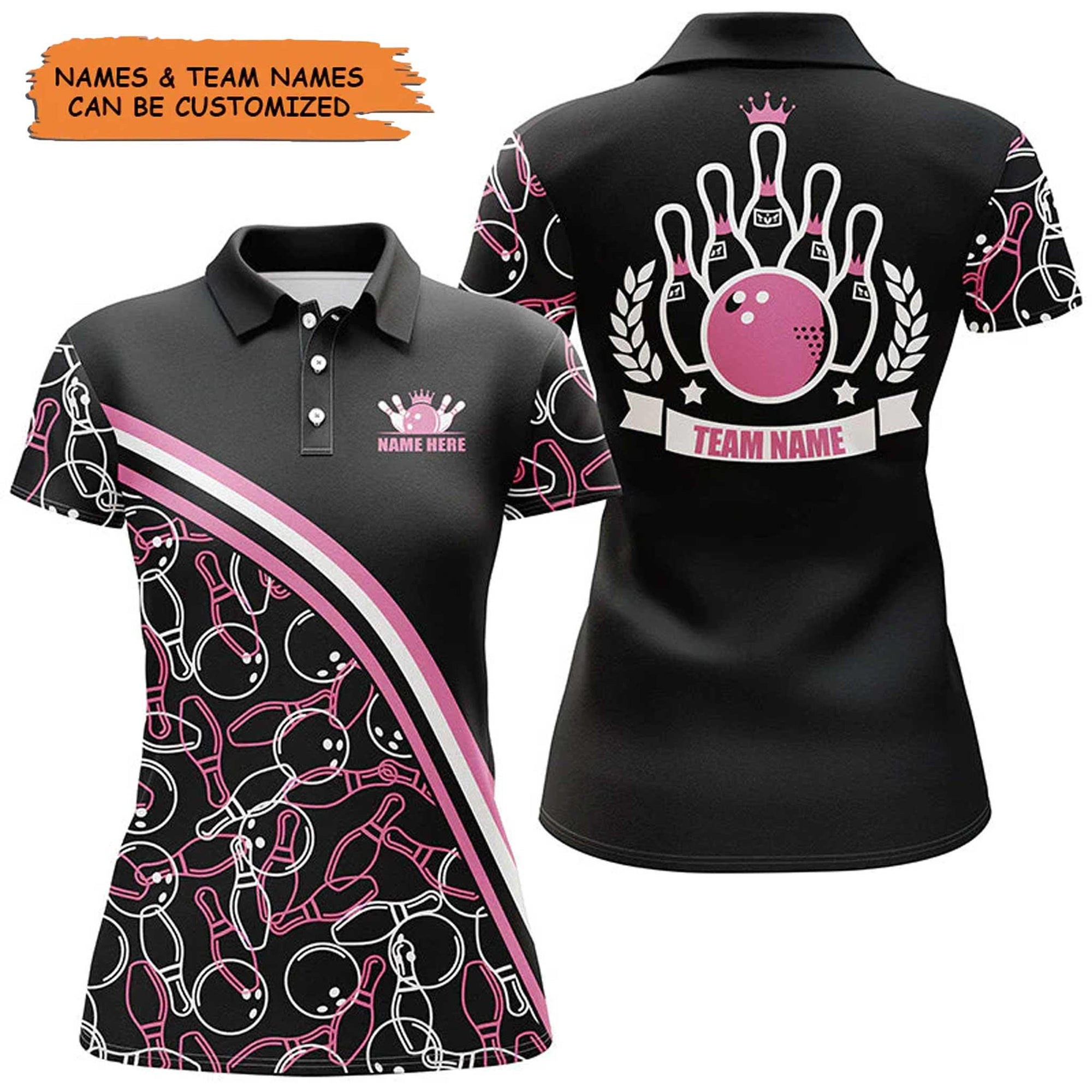 Bowling Customized Women Polo Shirt - Black Pink Bowling Pattern Personalized Bowling Polo Shirt - Gift For Friend, Family, Bowling Lovers - Amzanimalsgift