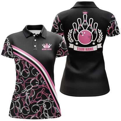 Bowling Customized Women Polo Shirt - Black Pink Bowling Pattern Personalized Bowling Polo Shirt - Gift For Friend, Family, Bowling Lovers - Amzanimalsgift