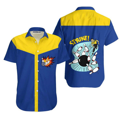 Bowling Hawaiian Shirt, Awesome Bowling Ball Strike Blue And Yellow Aloha Hawaiian Shirts For Men and Women - Gift For Bowling Lovers, Friend, Family - Amzanimalsgift