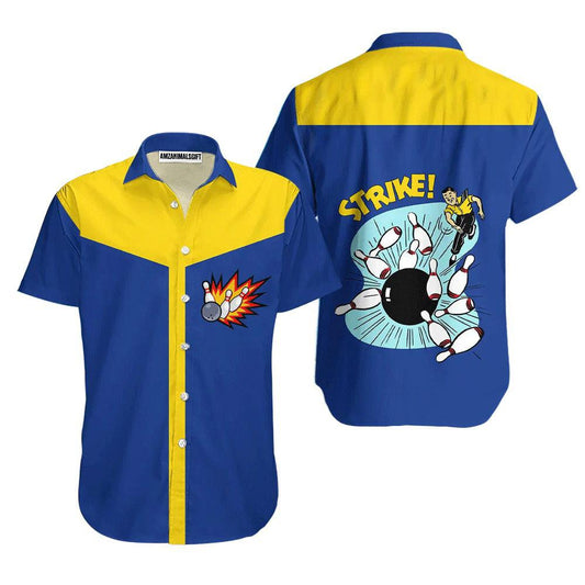 Bowling Hawaiian Shirt, Awesome Bowling Ball Strike Blue And Yellow Aloha Hawaiian Shirts For Men and Women - Gift For Bowling Lovers, Friend, Family - Amzanimalsgift