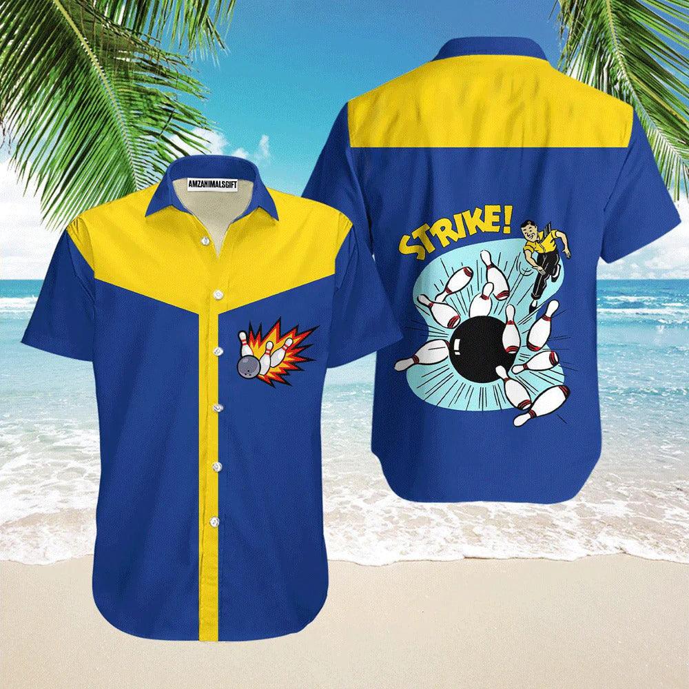 Bowling Hawaiian Shirt, Awesome Bowling Ball Strike Blue And Yellow Aloha Hawaiian Shirts For Men and Women - Gift For Bowling Lovers, Friend, Family - Amzanimalsgift