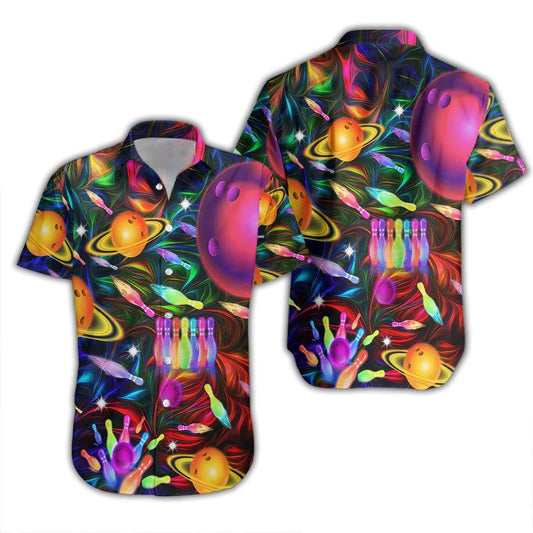 Bowling Hawaiian Shirt, Awesome Bowling In Space Colorful Neon Light Aloha Hawaiian Shirts For Men and Women - Gift For Bowling Lovers, Friend, Family - Amzanimalsgift