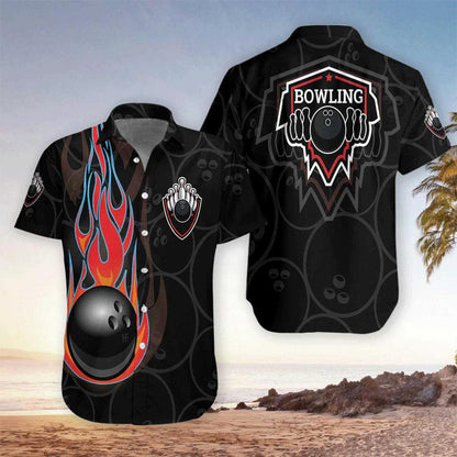 Bowling Hawaiian Shirt, Black Bowling With Fire Black Aloha Hawaiian Shirts For Men and Women - Gift For Bowling Lovers, Friend, Family - Amzanimalsgift