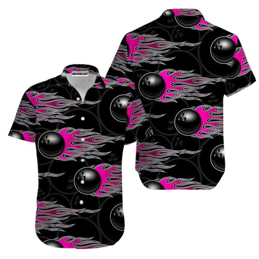 Bowling Hawaiian Shirt, Bowling Fire Black Pink Aloha Hawaiian Shirts For Men and Women - Gift For Bowling Lovers, Friend, Family - Amzanimalsgift