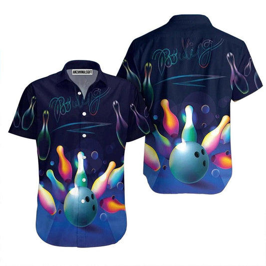 Bowling Hawaiian Shirt, Bowling Glowing Neon Blue Aloha Hawaiian Shirts For Men and Women - Gift For Bowling Lovers, Friend, Family - Amzanimalsgift