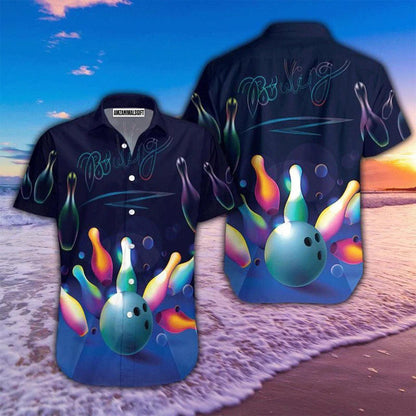 Bowling Hawaiian Shirt, Bowling Glowing Neon Blue Aloha Hawaiian Shirts For Men and Women - Gift For Bowling Lovers, Friend, Family - Amzanimalsgift