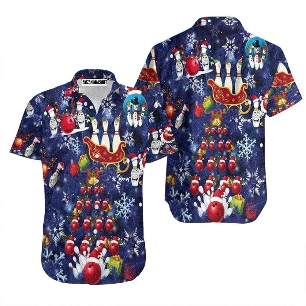 Bowling Hawaiian Shirt, Bowling Merry Christmas Snowflakes Blue Aloha Hawaiian Shirts For Men and Women - Gift For Bowling Lovers, Friend, Family - Amzanimalsgift