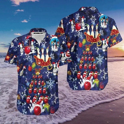 Bowling Hawaiian Shirt, Bowling Merry Christmas Snowflakes Blue Aloha Hawaiian Shirts For Men and Women - Gift For Bowling Lovers, Friend, Family - Amzanimalsgift