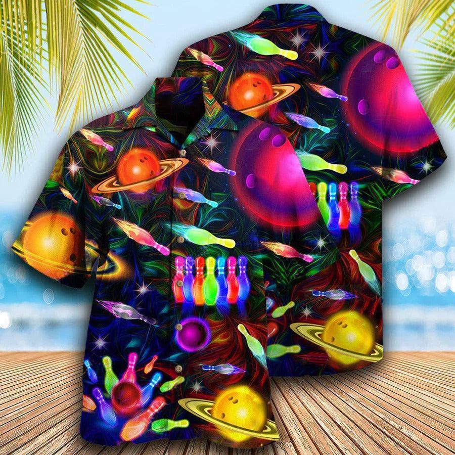 Bowling Hawaiian Shirt, Bowling Painting Hawaiian Shirt, Bowling Neon Space Strike Aloha Shirt For Men - Perfect Gift For Bowling Lovers, Bowlers - Amzanimalsgift