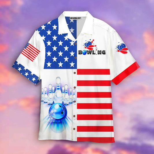 Bowling Hawaiian Shirt, Bowling Team American Flag Hawaiian Shirts For Men and Women - Gift For Bowling Lovers, Friend, Family - Amzanimalsgift