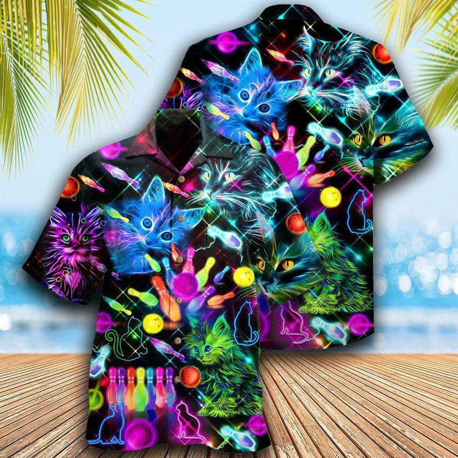 Bowling Hawaiian Shirt, Cats Bowling Painting Hawaiian Shirt, Bowling Neon Aloha Shirt For Men - Perfect Gift For Bowling Lovers, Bowlers - Amzanimalsgift
