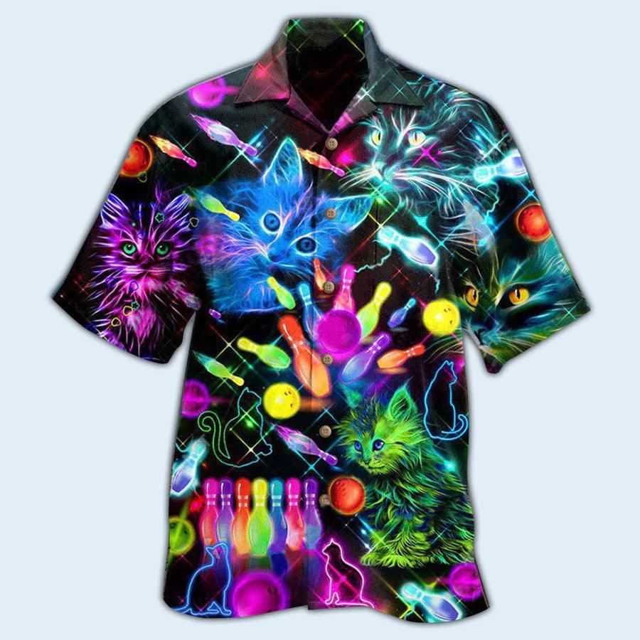 Bowling Hawaiian Shirt, Cats Bowling Painting Hawaiian Shirt, Bowling Neon Aloha Shirt For Men - Perfect Gift For Bowling Lovers, Bowlers - Amzanimalsgift
