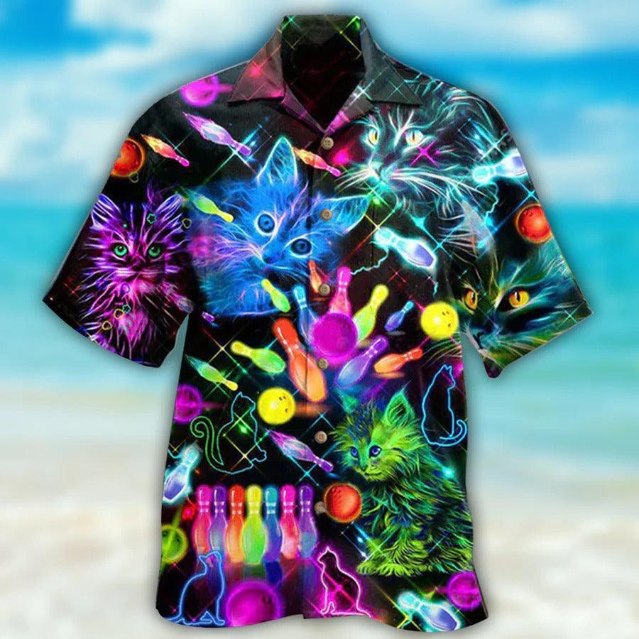 Bowling Hawaiian Shirt, Cats Bowling Painting Hawaiian Shirt, Bowling Neon Aloha Shirt For Men - Perfect Gift For Bowling Lovers, Bowlers - Amzanimalsgift
