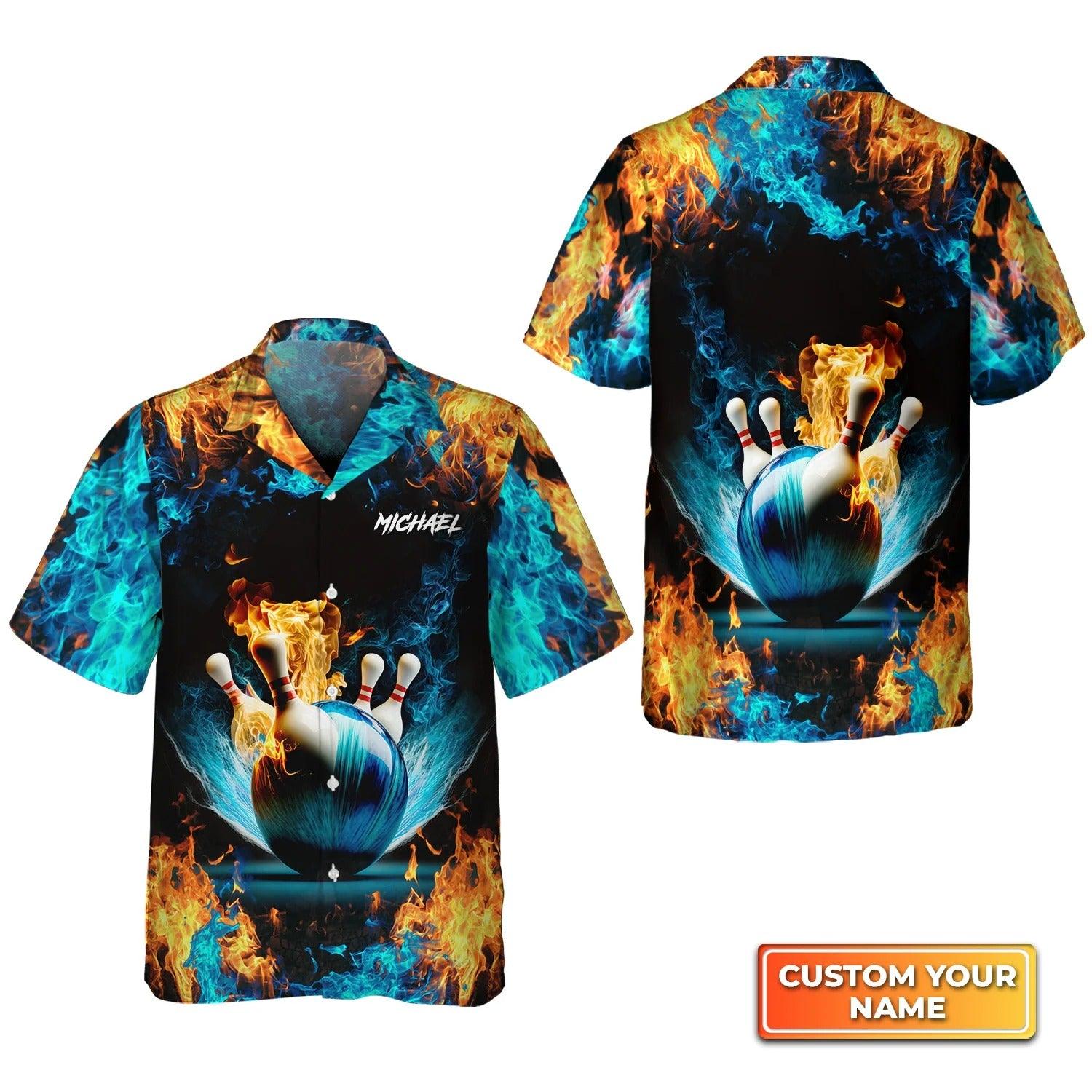 Bowling Hawaiian Shirt Custom Name - Blue Bowling Ball And Pins On Fire Personalized Aloha Hawaiian Shirt - Gift For Friend, Family, Bowling Lovers - Amzanimalsgift
