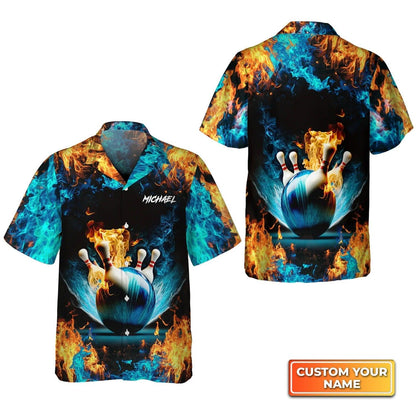 Bowling Hawaiian Shirt Custom Name - Blue Bowling Ball And Pins On Fire Personalized Aloha Hawaiian Shirt - Gift For Friend, Family, Bowling Lovers - Amzanimalsgift