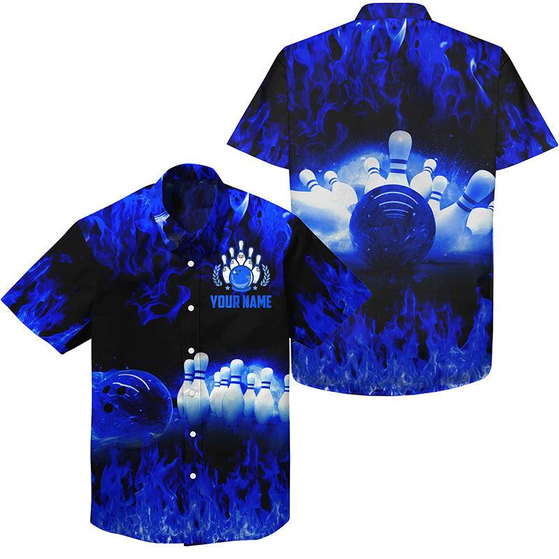 Bowling Hawaiian Shirt Custom Name, Blue Flame Bowling Ball And Pins Personalized Shirt For Men Women, Bowling Lovers, Bowlers - Amzanimalsgift