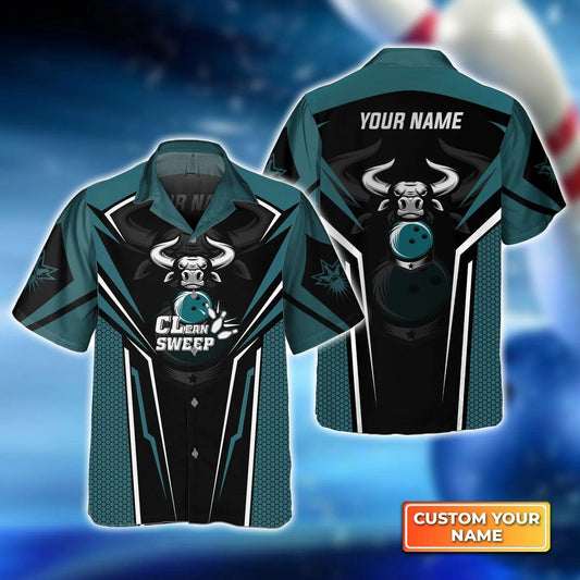 Bowling Hawaiian Shirt Custom Name - Bowling Bull Clean Sweep Turquoise Black Personalized Aloha Hawaiian Shirt - Gift For Friend, Family, Bowling Lovers - Amzanimalsgift