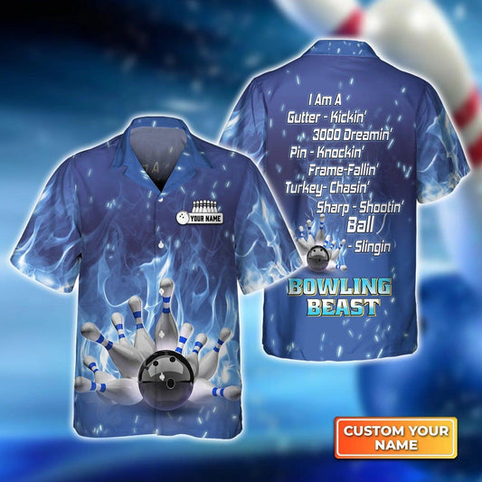 Bowling Hawaiian Shirt Custom Name - Bowling On Blue Fire Bowling Beast Personalized Aloha Hawaiian Shirt - Gift For Friend, Family, Bowling Lovers - Amzanimalsgift