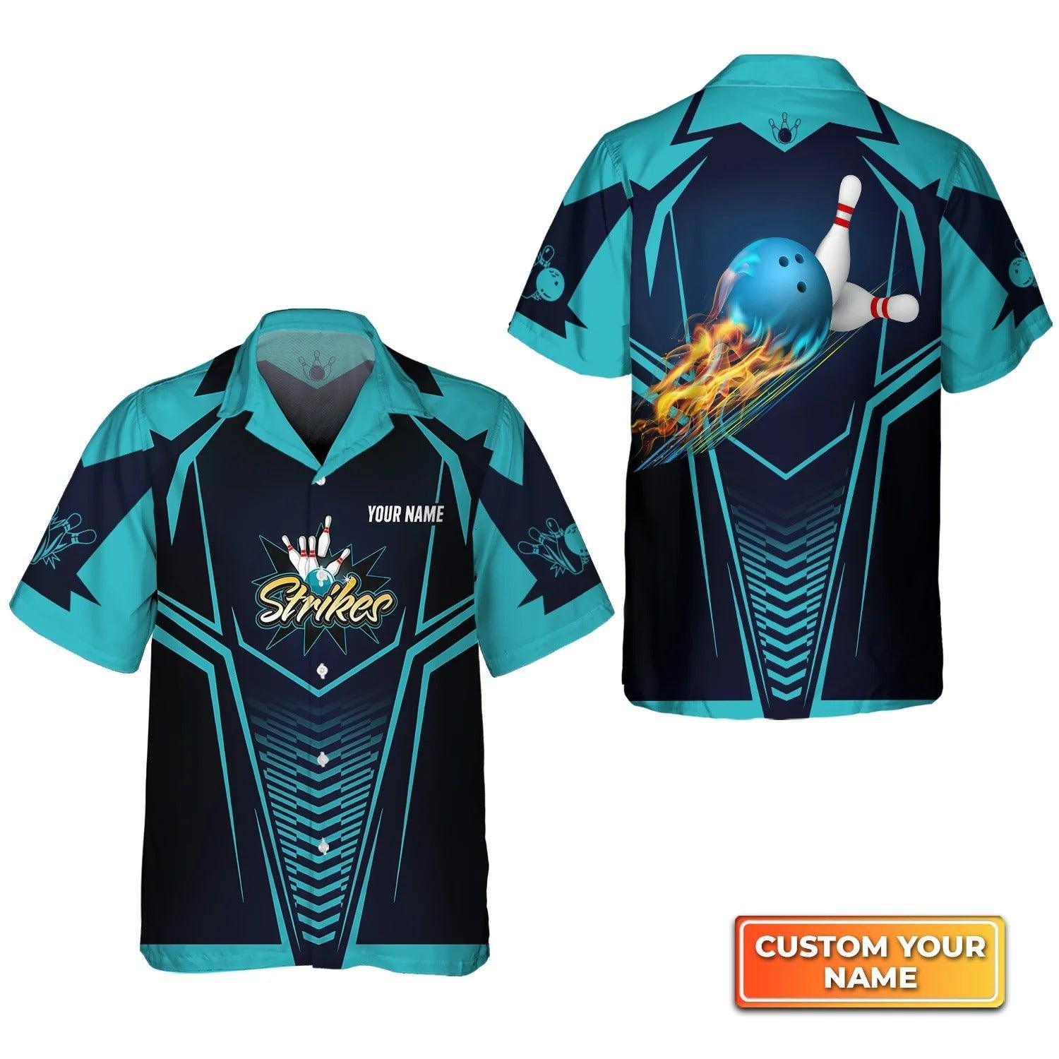 Bowling Hawaiian Shirt Custom Name - Bowling Strikes Blue Bowling Ball Crashing The Pins Personalized Aloha Hawaiian Shirt - Gift For Friend, Family, Bowling Lovers - Amzanimalsgift