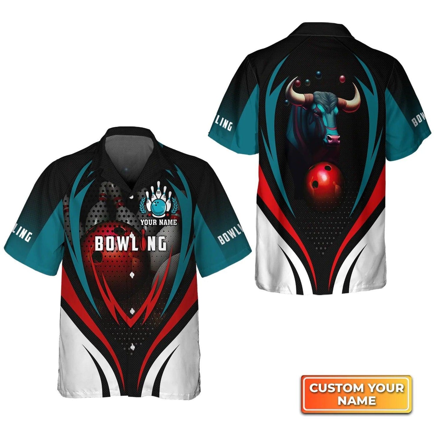 Bowling Hawaiian Shirt Custom Name - Bull Bowling Team With Red Ball Personalized Aloha Hawaiian Shirt - Gift For Friend, Family, Bowling Lovers - Amzanimalsgift